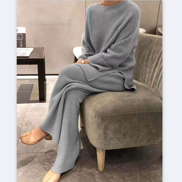 Long-Sleeved Solid Color Knitted Casual Two-Piece Set Wholesale Women'S Clothing