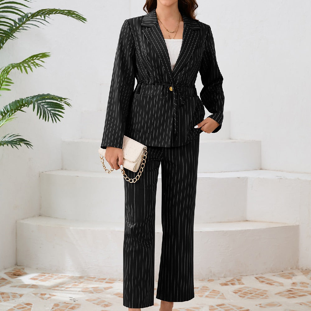 Striped Lapel Blazer Straight Pants 2 Piece Set Wholesale Womens Clothing N3824082300052