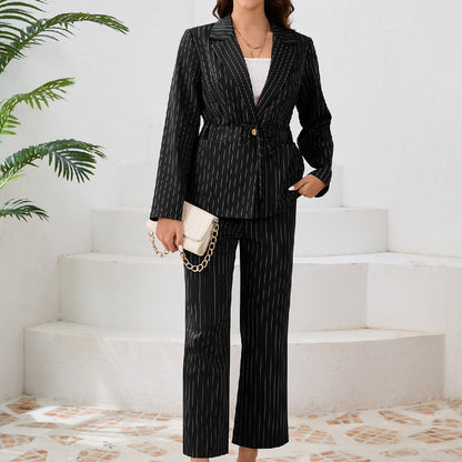 Striped Lapel Blazer Straight Pants 2 Piece Set Wholesale Womens Clothing N3824082300052