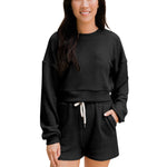 Solid Color Crew Neck Pullover Long Sleeve Sweatshirt Shorts Wholesale Womens 2 Piece Sets N3823103000045