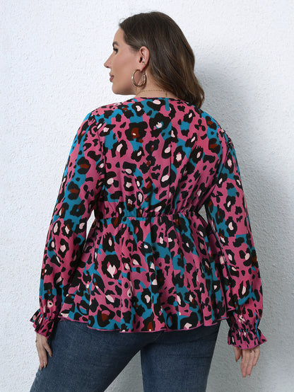 Wholesale Plus Size Womens Clothing Long Sleeve Irregular Leopard Print Top