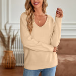 Solid Colour V-Neck Loose Long Sleeve Sweater Wholesale Womens Tops