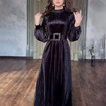 Pleated Loose Belted Maxi Dresses Wholesale Womens Clothing N3823122100014