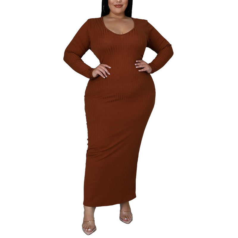 Solid Color Hollow Round Neck Slim Long Wholesale Womens Plus Size Dress N3823100900037