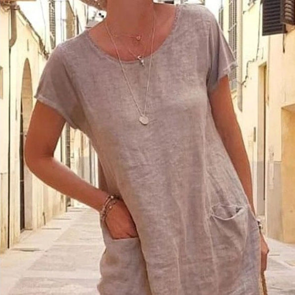 Casual Solid Color Casual Pocket Cotton Linen Dress Wholesale Womens Clothing N3823072600068