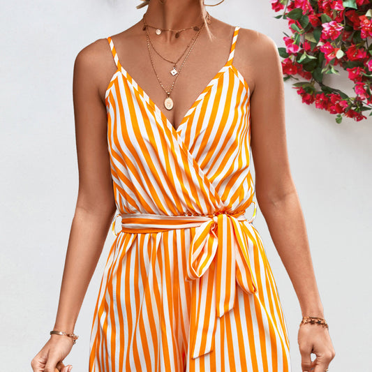 Casual Short V-Neck Striped Camisole Jumpsuit Wholesale Jumpsuits