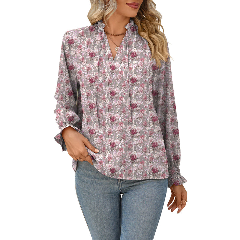 Ruffled Lightweight Opaque Print Lace Pullover Shirt Wholesale Women'S Top