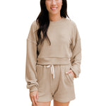 Solid Color Crew Neck Pullover Long Sleeve Sweatshirt Shorts Wholesale Womens 2 Piece Sets N3823103000045