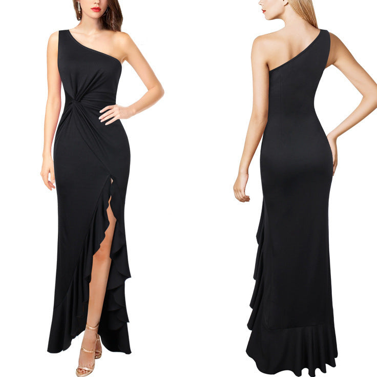 One-Shoulder Solid Color Large-Scale Slim-Fit Banquet Dress Wholesale Dresses