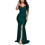 V-Neck Off-Shoulder Gown Pleated Slit Maxi Dresses Wholesale Womens Clothing N3823103000063