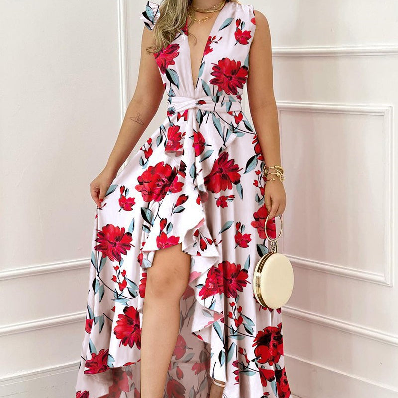 Fashion Leaf Floral Print V-Neck Large Hem Dress Wholesale Dresses