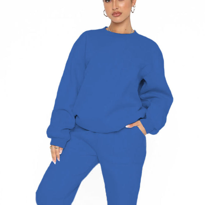 Solid Color Velvet Round Neck Pullover Long Sleeve Sweatshirt Pants Wholesale Two Piece Sets N3823103000052