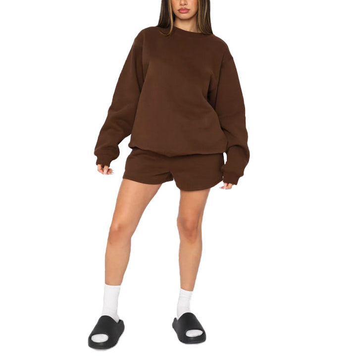 Solid Color Round Neck Pullover Long Sleeve Sweatshirt Shorts Set Wholesale Womens Clothing N3823103000014