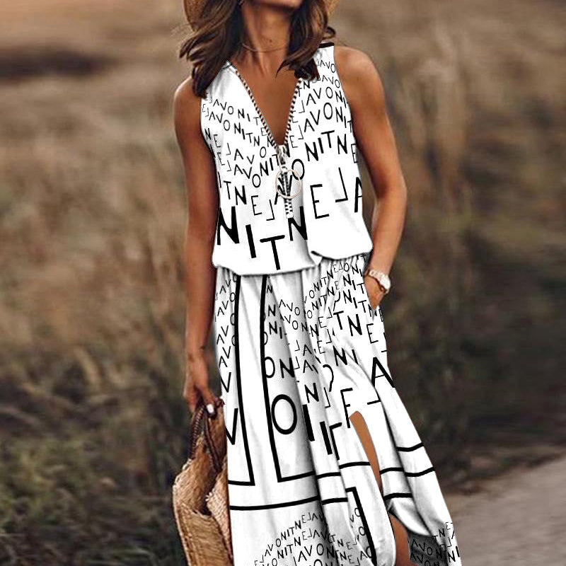 Slit Sleeveless Casual Zipper Letter Print Dress Wholesale Dresses