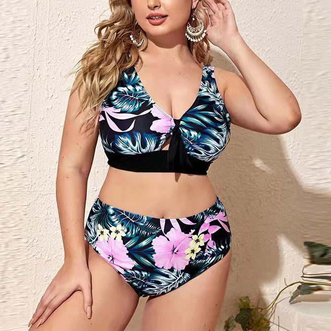 Wholesale Plus Size Womens Clothing Print High Waist Two Piece Swimsuit