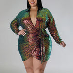 Sexy Sequin Bronzing Long-Sleeved Strappy Dress Wholesale Plus Size Womens Clothing N3823100900058