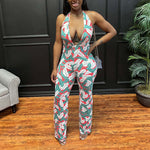 Sexy Leaf Print Deep V Hanging Neck Strappy Jumpsuit Wholesale Jumpsuits