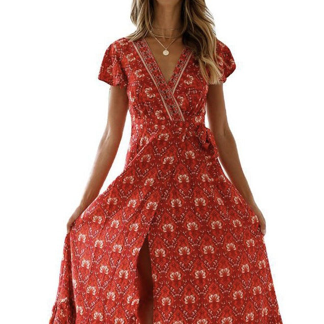 V-Neck Short-Sleeve Resort Print Maxi Dresses Wholesale Womens Clothing N3823121400187