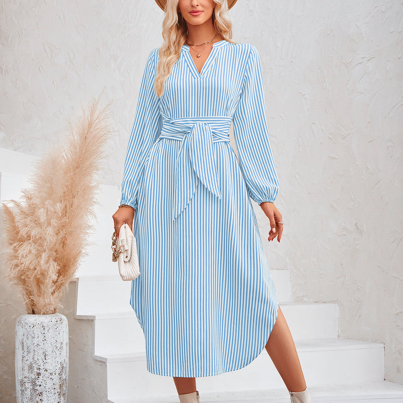 Striped Strappy Long-Sleeved Simple Irregular Dress Wholesale Dresses N4623052300093