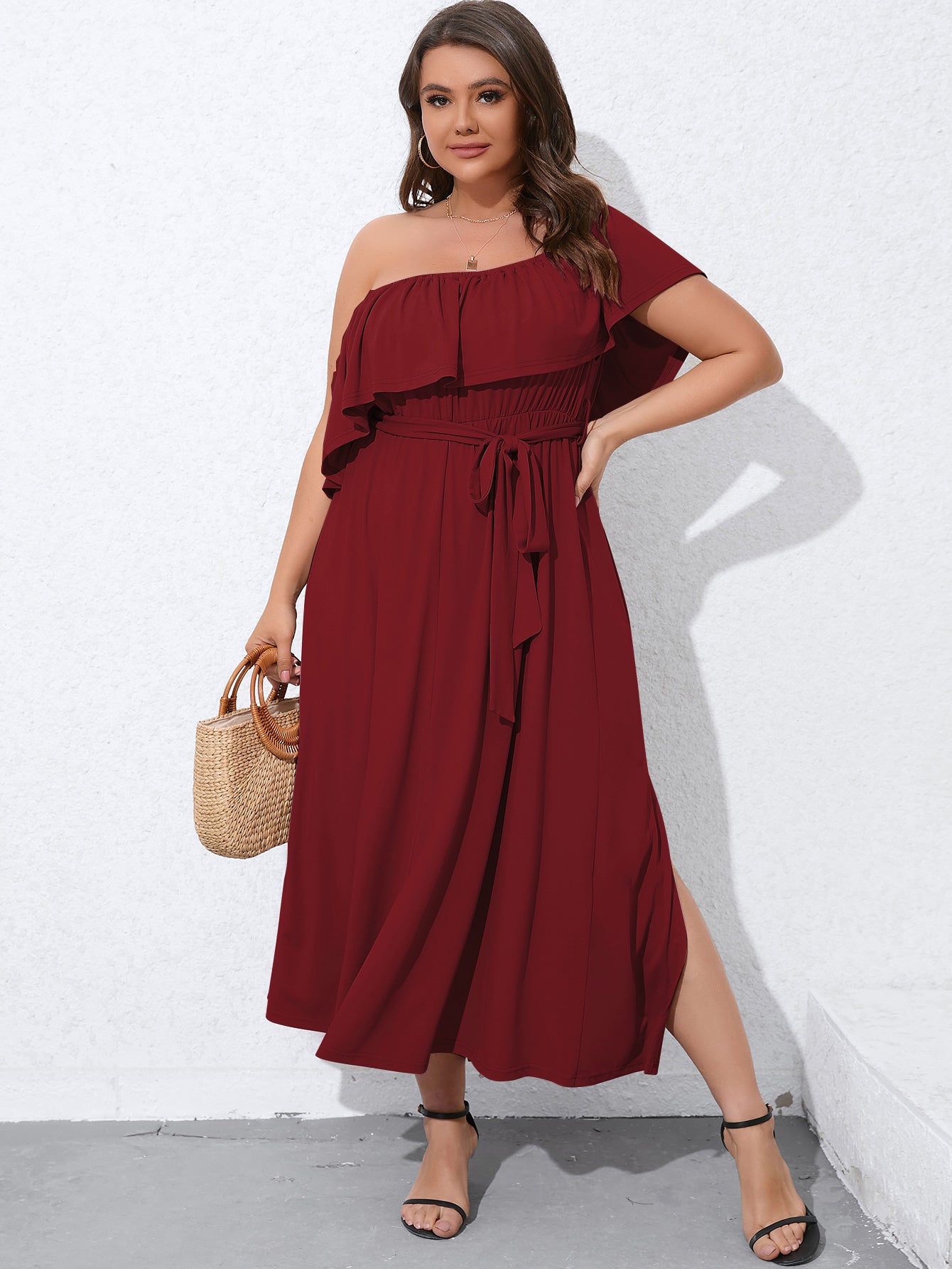 Wholesale Plus Size Womens Clothing Slit Solid Color Strapless Wood Ear Dress