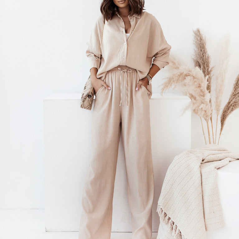Loose Stretch Crinkle Long Sleeve Shirt And Wide Leg Pants Casual Set Wholesale Women'S 2 Piece Sets