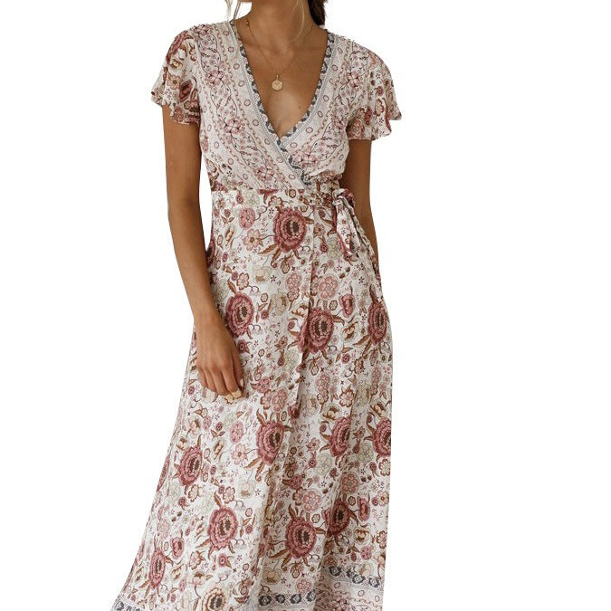 V-Neck Short-Sleeve Resort Print Maxi Dresses Wholesale Womens Clothing N3823121400187