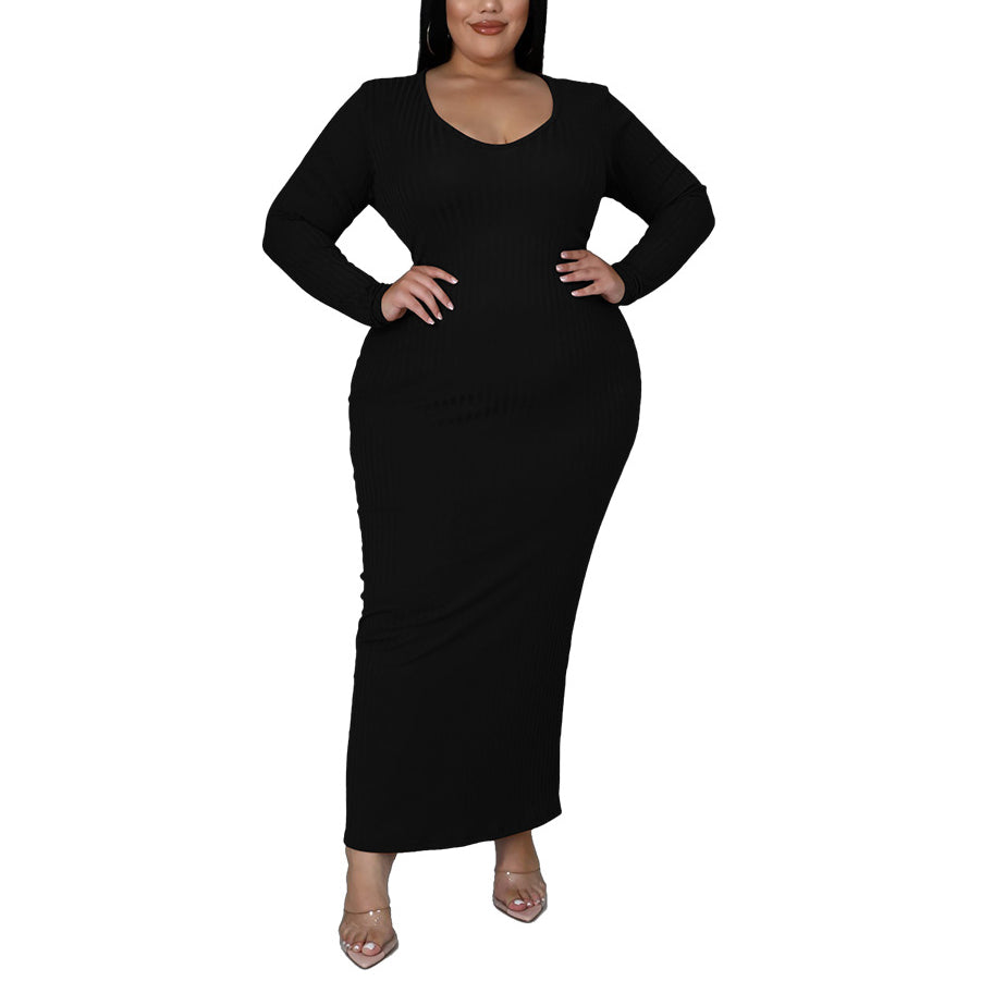 Solid Color Hollow Round Neck Slim Long Wholesale Womens Plus Size Dress N3823100900037