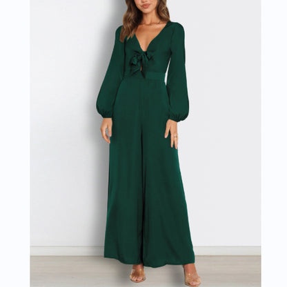 Temperament Commuting Deep V Long-Sleeved Wide-Leg Jumpsuit Wholesale Women'S Clothing