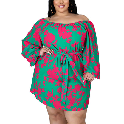 Trendy Printed Long Sleeve Off-Shoulder Loose Dress Wholesale Plus Size Womens Clothing N3823100900040