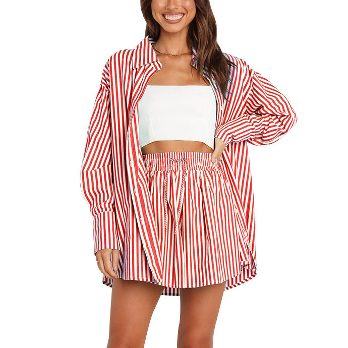 Striped Long Sleeve Women's Casual Set Blouses And Skirts Two-Piece Set Wholesale Womens Clothing N3823103000028