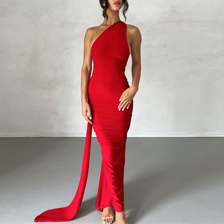 Backless One Shoulder Solid Color Irregular Evening Dress Wholesale Dresses