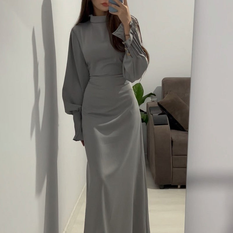 Pleated Waist Belted Long Sleeve Maxi Dresses Wholesale Womens Clothing N3823122100018