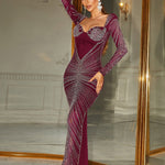 Long Sleeve Square Neck Slim Fit Backless Slit Rhinestone Mermaid Dress Wholesale Womens Clothing N3823110400011