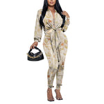 Wholesale Womens 2 Piece Sets Printed Cardigan Tied Long Sleeve Tops Casual Leggings N3823103000038
