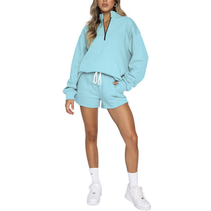 Solid Color Stand Collar Zipper Pullover Sweatshirt And Shorts Set Wholesale Womens Clothing N3823103000018