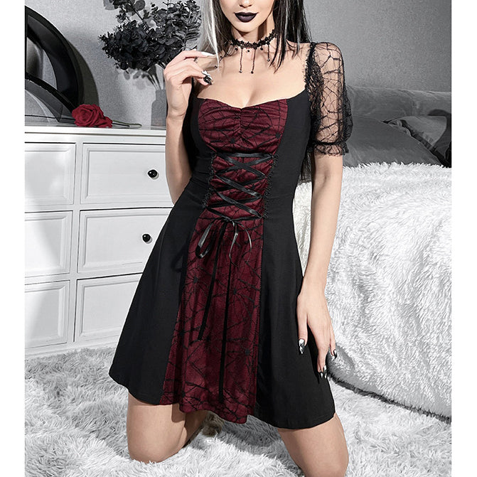 Dark Punk Tie Square Neck Mesh See-Through Short-Sleeved Dress Wholesale Dresses