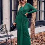 Elegant V-Neck Solid Colour Twisted Waist Long Sleeve Dress Wholesale Dresses