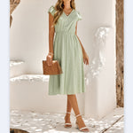 Petal Sleeve Solid Color V-Neck Fresh And Simple Dress Wholesale Dresses