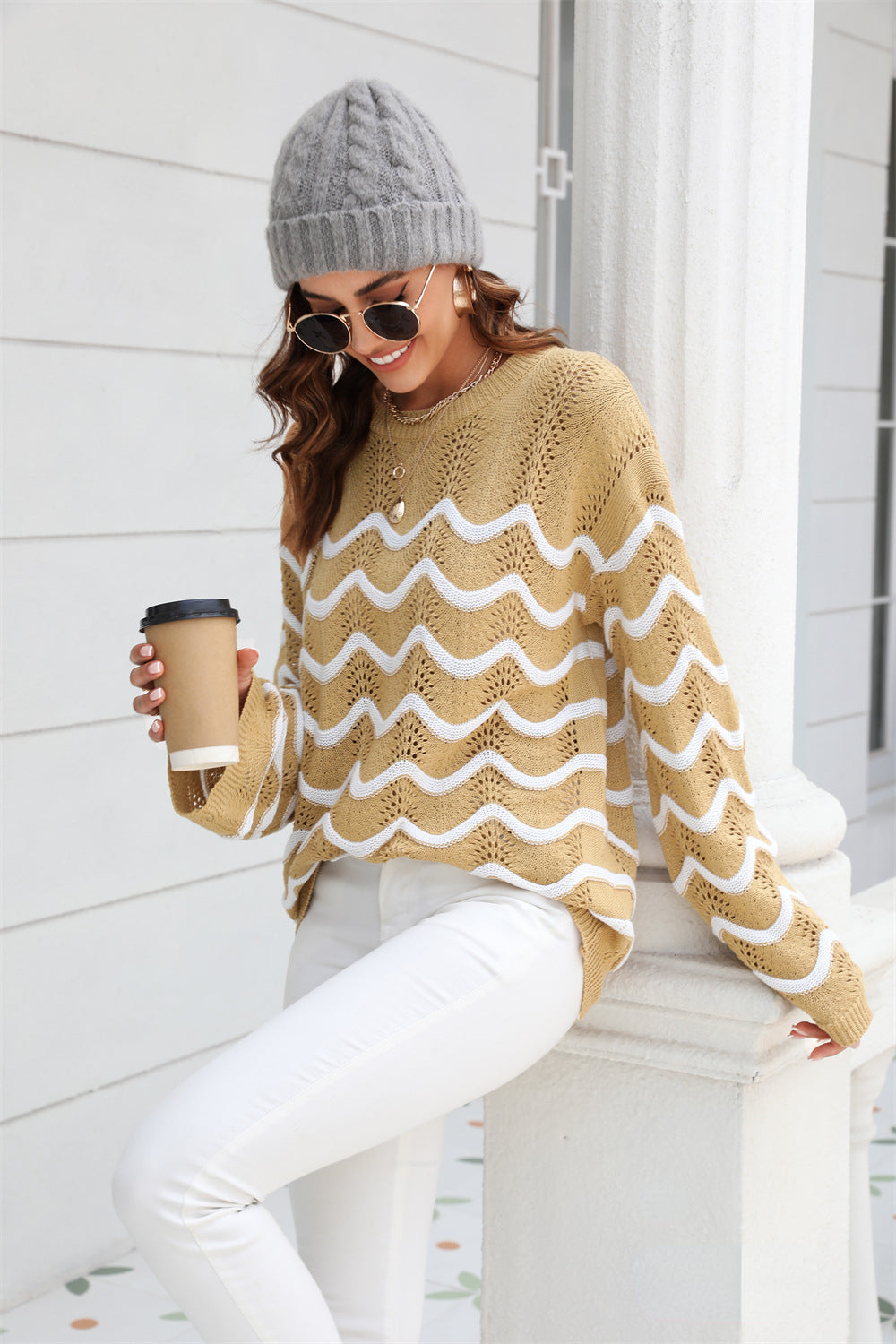 Wave Contrast Knit Long Sleeve Hollow Pullover Sweater Wholesale Women'S Top