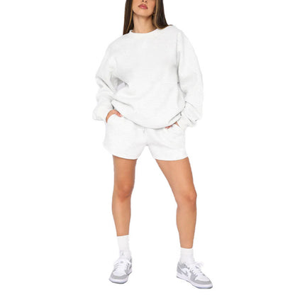 Solid Color Round Neck Pullover Long Sleeve Sweatshirt Shorts Set Wholesale Womens Clothing N3823103000014