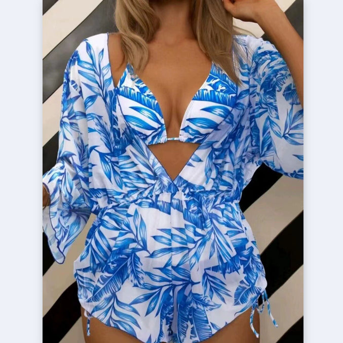 Drawstring Long Sleeve Playsuit Beach Three Piece Bikini Wholesale Women'S Clothing