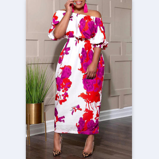 Wholesale Women Plus Size Clothing Stitching Printed One-Shoulder Balloon Sleeve Dress