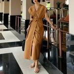Loose Long Knee-High V-Neck Dresses With Bow Wholesale Womens Clothing N3824011000011