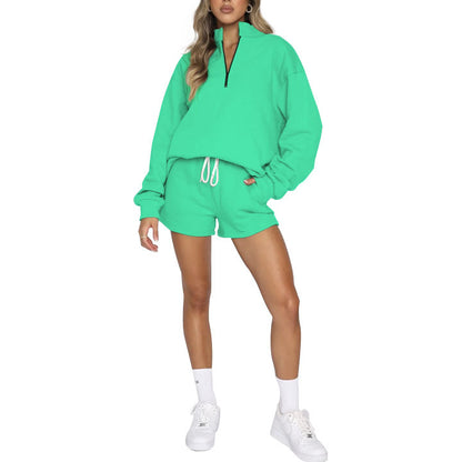 Solid Color Stand Collar Zipper Pullover Sweatshirt And Shorts Set Wholesale Womens Clothing N3823103000018