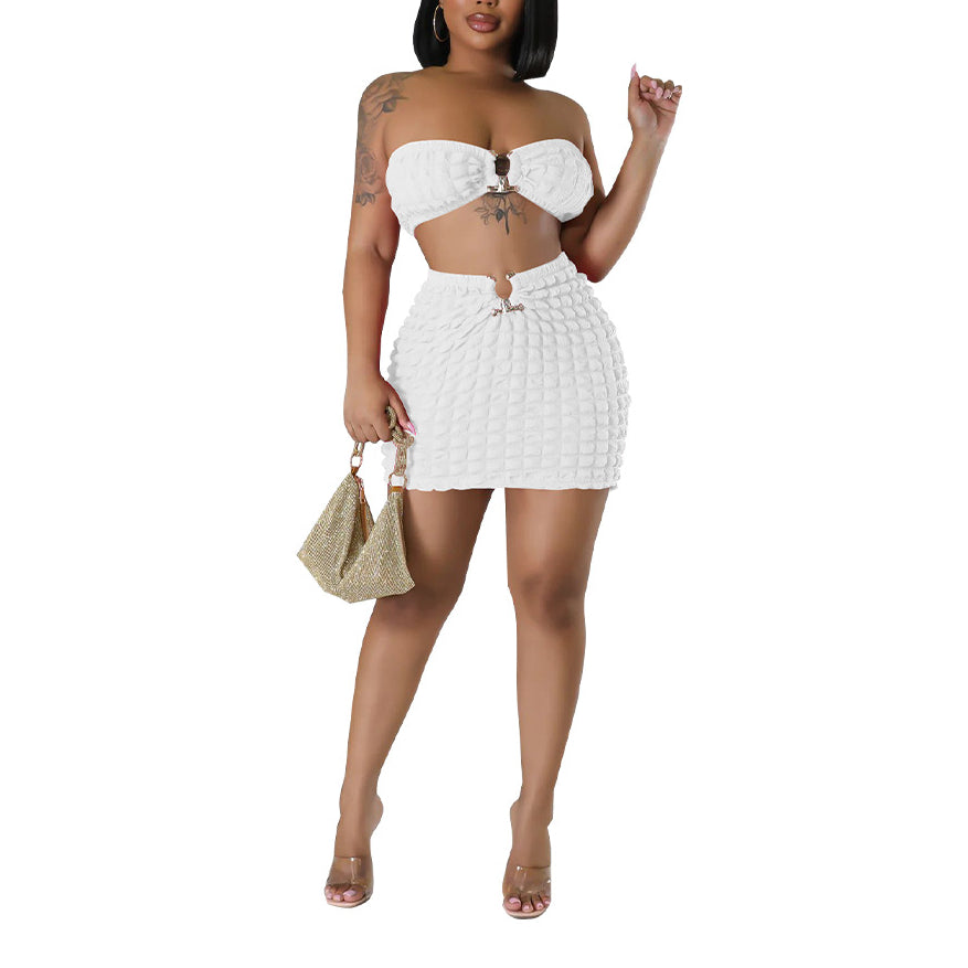 Sexy Midriff-Baring Bust-Wrapped Short Skirt Bubble Two-Piece Set Wholesale Womens Clothing N3823103000096