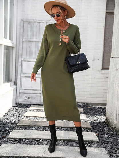 Fashion Solid Colour Long Sleeve Button Down Knit Dress Wholesale Dresses