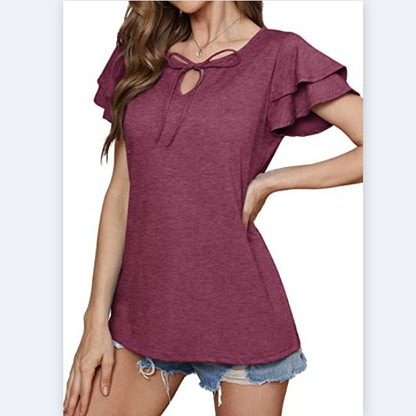 Casual Solid Color V-Neck Tie With Ruffle Sleeve T-Shirt Wholesale Women'S Top