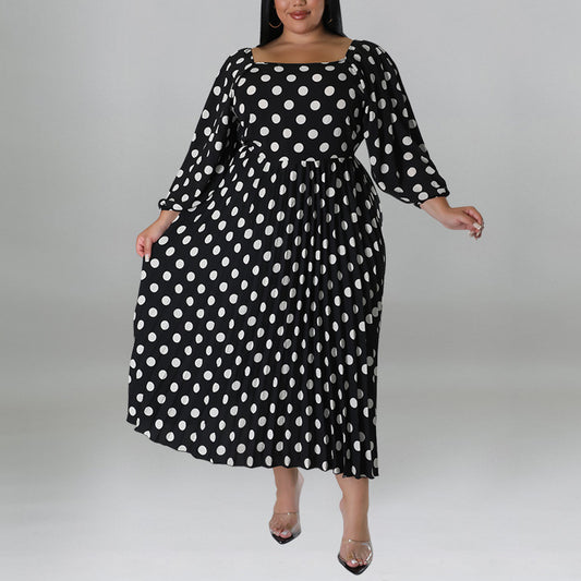 Wholesale Women Plus Size Clothing Long-Sleeved Printed Polka Dot Big Swing Backless Belted Dress