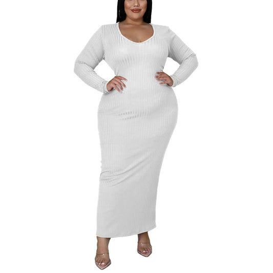 Solid Color Hollow Round Neck Slim Long Wholesale Womens Plus Size Dress N3823100900037