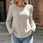 Round Neck Ribbed Brushed Lace Long Sleeve Top Wholesale Womens Tops